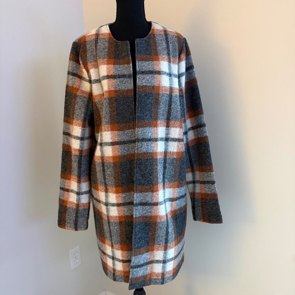 Max Studio Wool Blend Plaid Coatigan L Gray Rust Cream Longline Collarless Coat
